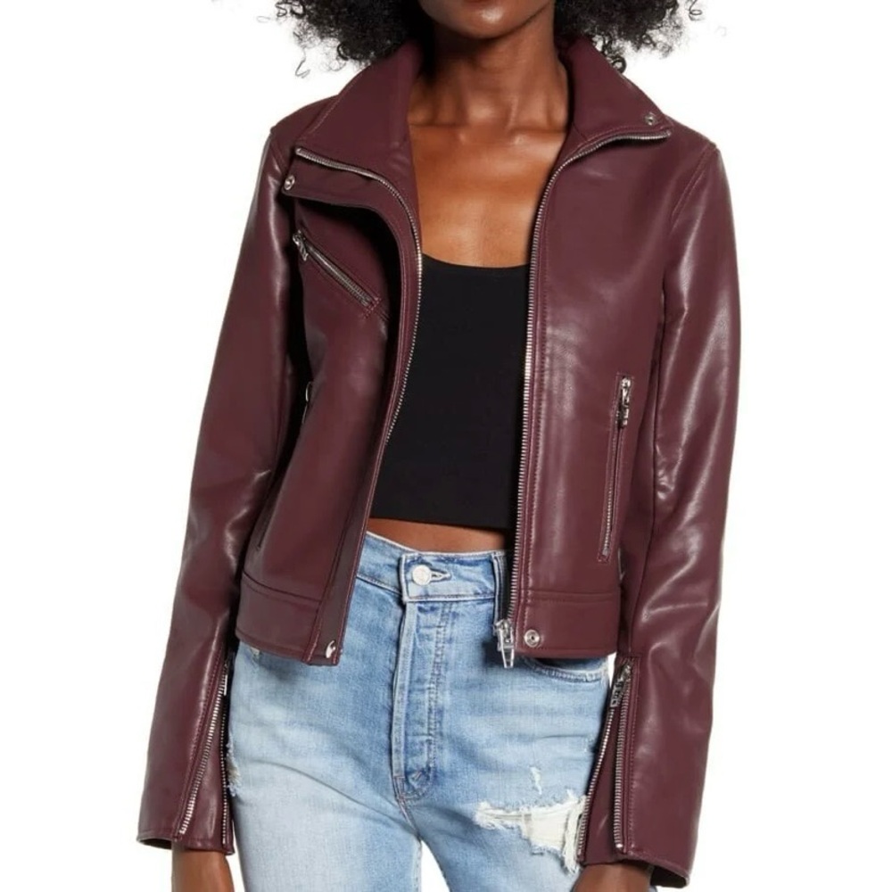 BLANKNYC Burgundy Faux Leather Moto Jacket Size XS